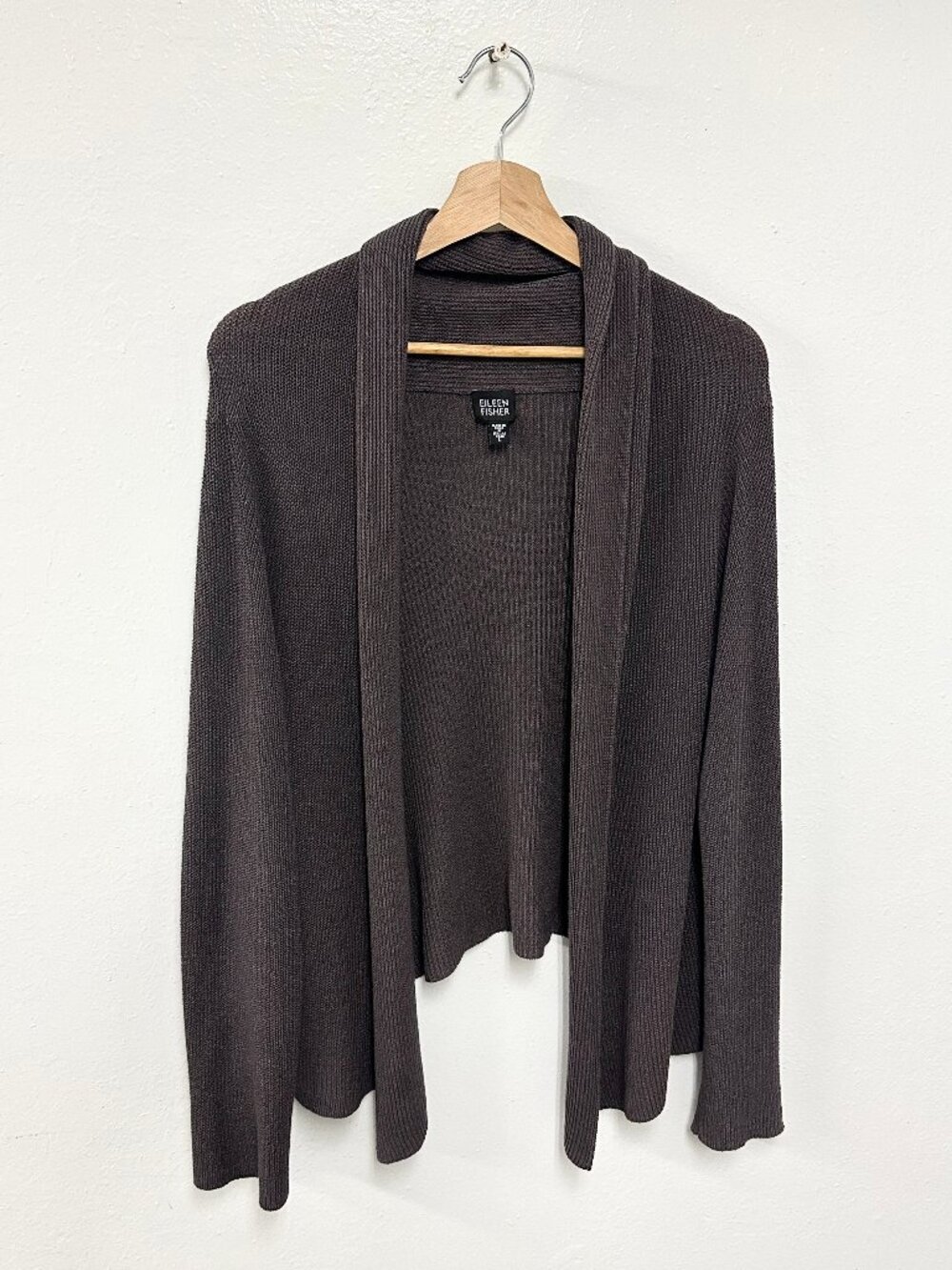 Eileen Fisher Brown Italian Yarn Cotton Silk Knit Long Sleeve Cardigan Size L